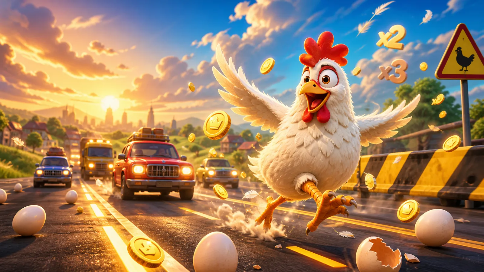 3D game mascot chicken crossing multiple road lanes, surrounded by coins and traffic, with a colorful arcade backdrop.