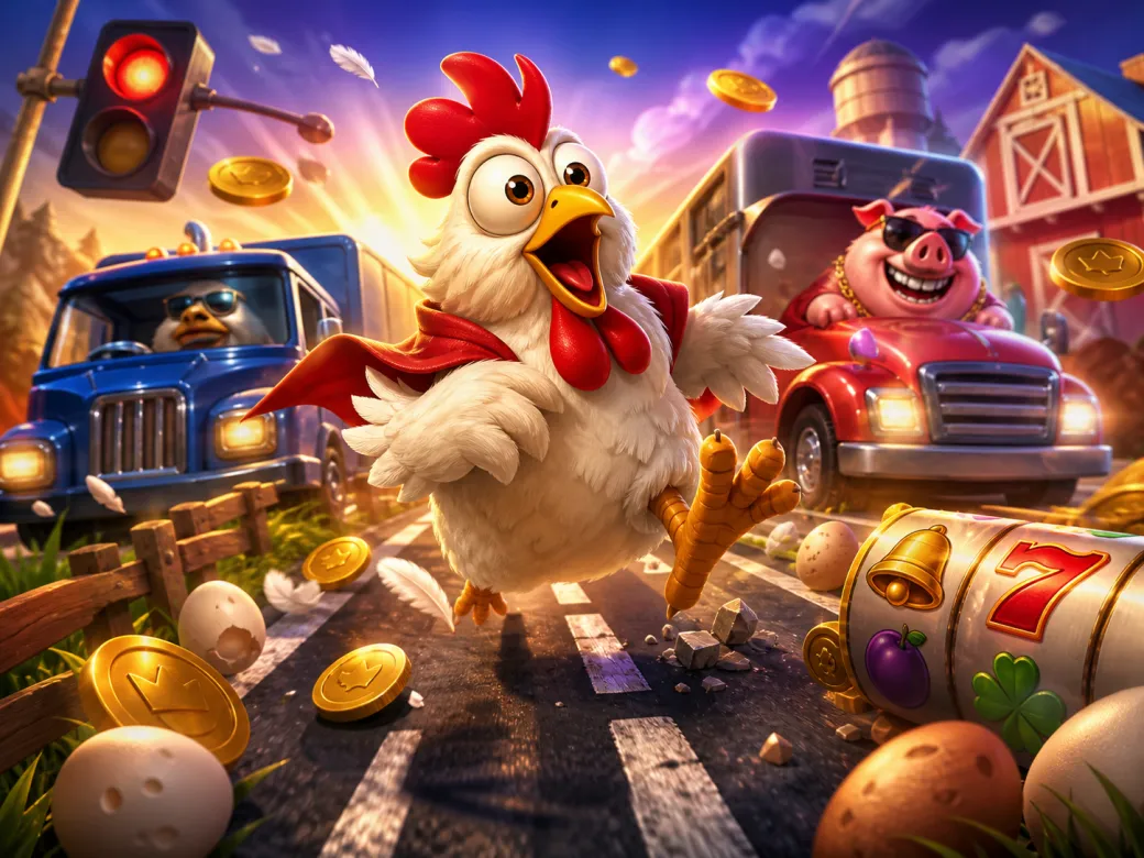 Colorful scene featuring a funny chicken character navigating a road with traffic lanes, feathers, and eggs.