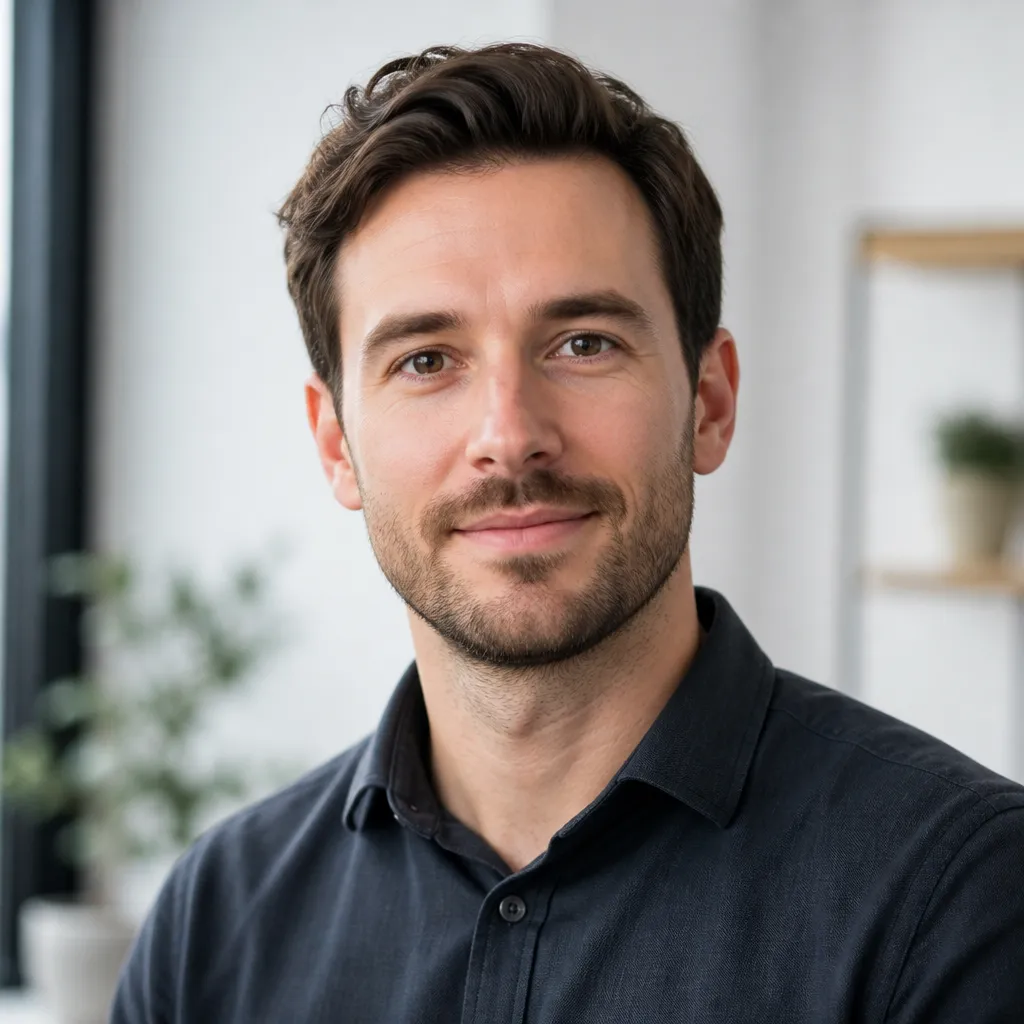 A professional author portrait featuring an adult with a neutral expression, smart casual attire, and a soft background, phot